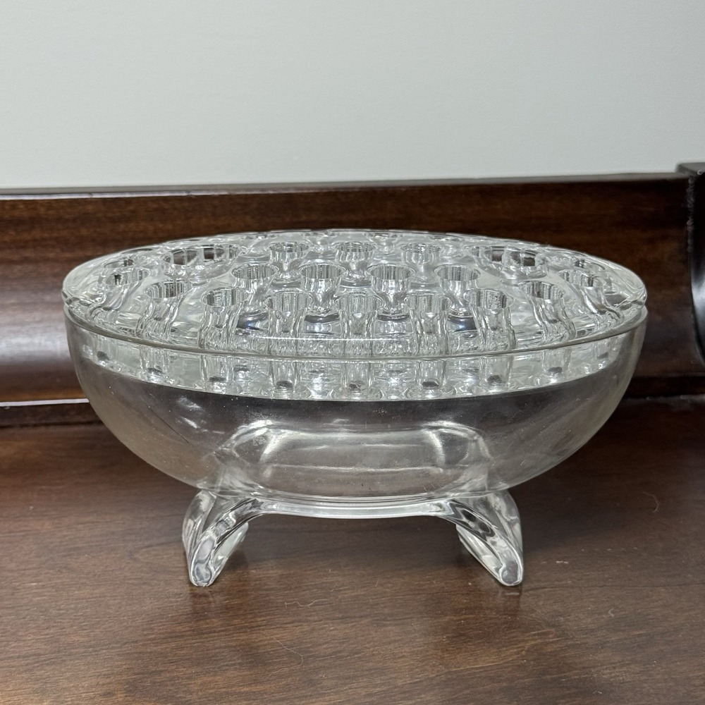 Viking Glass Scroll Form Clear MCM Oval Bowl & Flower Frog 6.5" x 3.125"